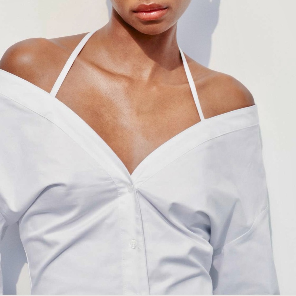 Zara NWT gabardine white off the shoulder button front trench coat shirt dress - Picture 4 of 15